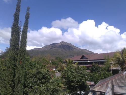 a mountain in the distance with a building and trees at Volcano Living in Kintamani