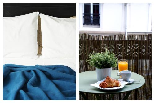 une table avec une assiette de croissants et une tasse de jus d'orange dans l'établissement Appartement lumineux avec balcon au coeur de Paris, à Paris