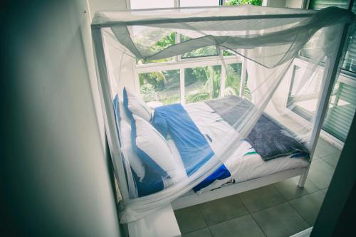 a canopy bed in a room with a window at Alyzes Diamant in Le Diamant