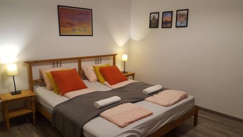 ブダペストにあるMichael Apartment with 2 Rooms near Gozsdu udvarのベッドルーム1室(大型ベッド1台、カラフルな枕付)