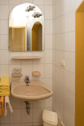 a bathroom with a sink and a mirror at ROSSLWIRT-Rast in Strass im Attergau