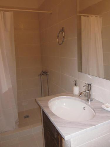 a bathroom with a sink and a shower at Maison Christiana's in Kalavrita