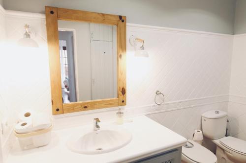 a bathroom with a sink and a mirror and a toilet at La Casa Del Valle in Agaete