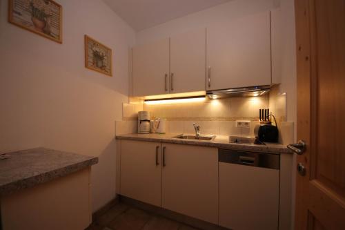 a small kitchen with white cabinets and a sink at Forellenstube in Lofer
