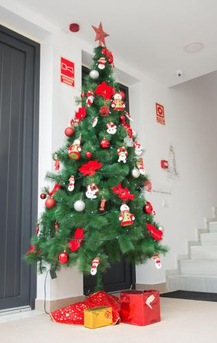 a green christmas tree with presents under it at La Pasajera Hostal Boutique in Conil de la Frontera