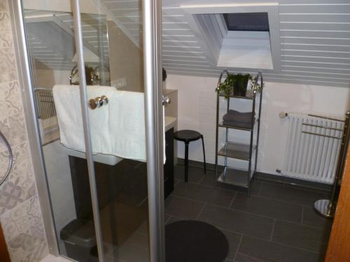 een badkamer met een douche, witte handdoeken en een kruk bij Apartment Preising in Willingen
