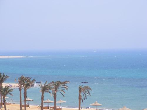 a view of a beach with palm trees and the ocean at La Sirena Hotel & Resort - Families only in Ain Sokhna