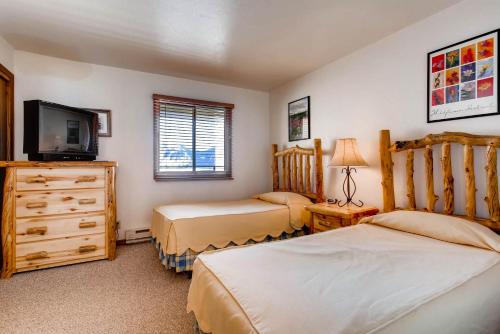 a bedroom with two beds and a tv and a dresser at The Plaza Condominiums by Crested Butte Mountain Resort in Mount Crested Butte