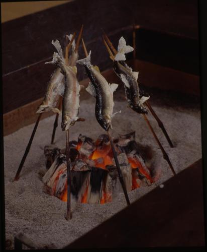 a group of fish on sticks over a fire at Motoyu Arimaya in Aizuwakamatsu