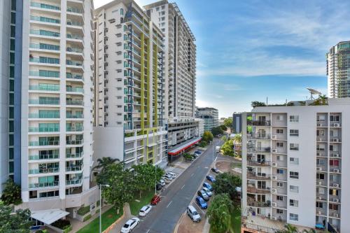 an aerial view of a city street with tall buildings at Argus Apartments Darwin in Darwin