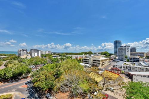 an aerial view of a city with buildings at Argus Apartments Darwin in Darwin