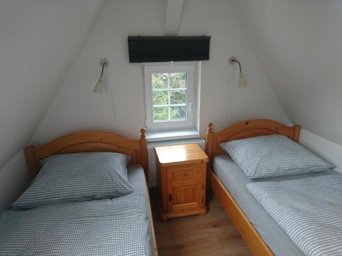 2 camas individuais num quarto com uma janela em ubytovani u Javoru 232/8 em Pec pod Sněžkou