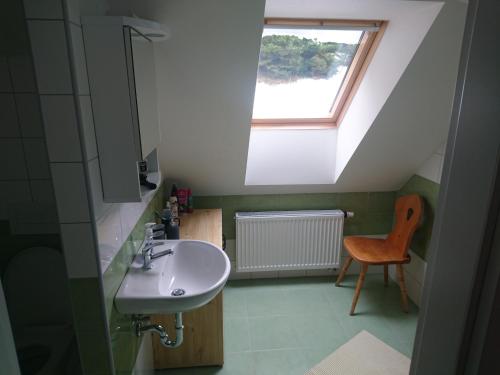 uma casa de banho com um lavatório e uma janela em ubytovani u Javoru 232/8 em Pec pod Sněžkou
