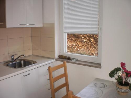 una piccola cucina con lavandino e finestra di Apartman Ana a Omiš (Almissa)