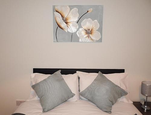 a bed with two pillows and a painting on the wall at Parks Nest 3 in Hull
