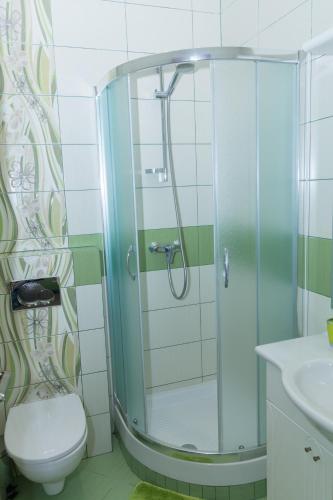 a bathroom with a shower with a toilet and a sink at Penzión Kastelán in Bojnice