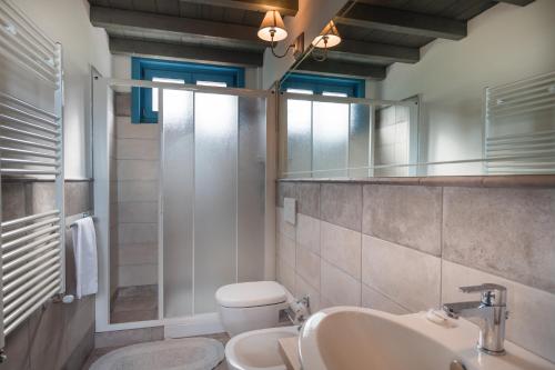 ein Badezimmer mit einem Waschbecken, einem WC und einem Spiegel in der Unterkunft Agriturismo Parco di Canuleio in Bolsena