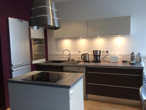 une cuisine avec un évier et une cuisinière four supérieur dans l'établissement L'Oddo de Gissey, au Puy-en-Velay