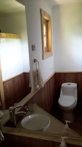 a bathroom with a sink and a toilet and a mirror at La Casa de Carlitos in San José de Maipo