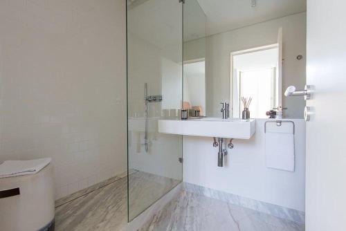 a bathroom with a sink and a glass shower at Luxury T.M. Penthouse With a View in Lisbon