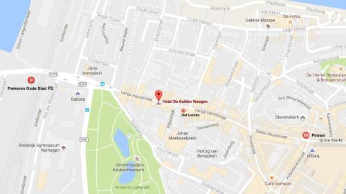 een kaart van een stad met een rode markering bij De Gulden Waagen in Nijmegen