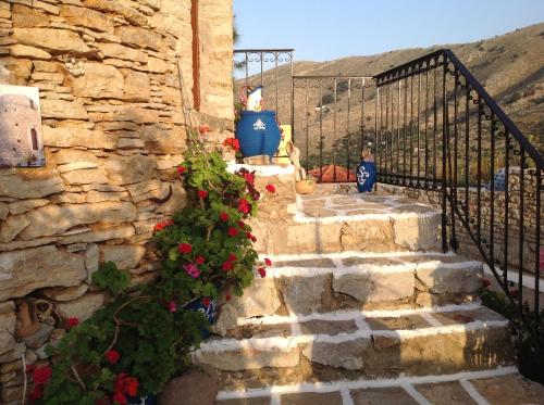 eine Treppe mit Blumen und einem Tor in der Unterkunft The Windmill in Symi