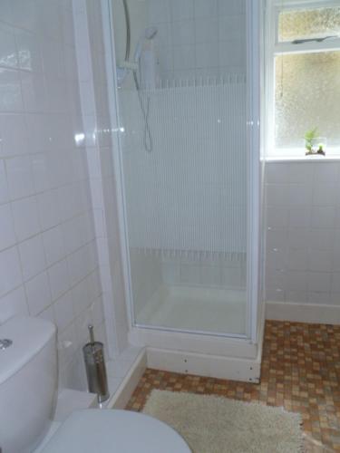 a white bathroom with a shower and a toilet at Belle Vue Hotel in Llanwrtyd Wells