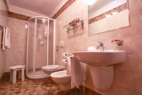 a bathroom with a sink and a toilet and a shower at Hotel Fantelli in Folgarida