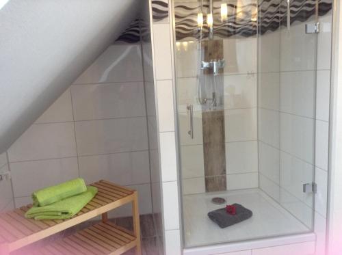 La salle de bains est pourvue d'une douche avec une porte en verre. dans l'établissement Eulennest Oranienburg, à Oranienburg