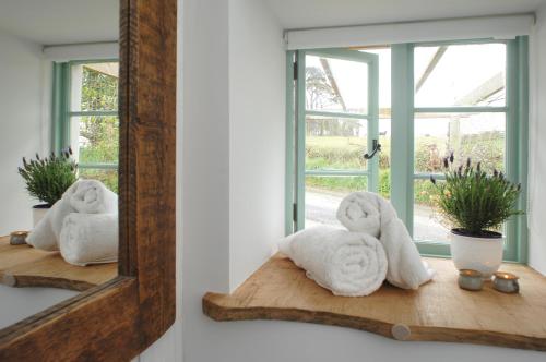 a mirror with towels on a shelf in front of a window at The Potting Shed in Newquay