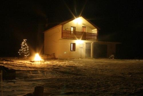 a house with a christmas tree in front of it at night at Vikendica Jela Blidinje in Rudo Polje