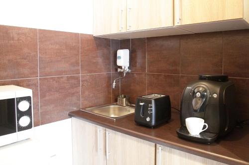 a kitchen counter with a toaster and a microwave at Rest- Pokoje z Łazienkami in Gdynia