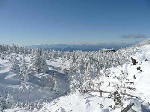 a snow covered mountain with trees and a fence at Shikino Yado Subaru in Chino