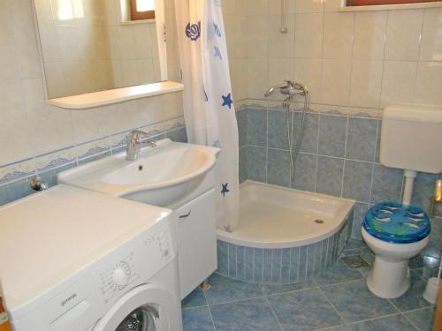 een badkamer met een wastafel, een toilet en een wasmachine bij Apartments Rina in Primošten
