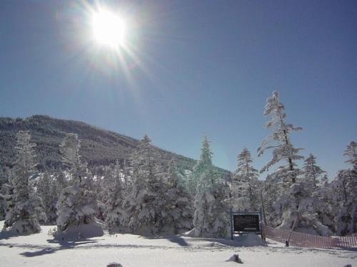 a sun shining over a snow covered mountain with trees at Shikino Yado Subaru in Chino
