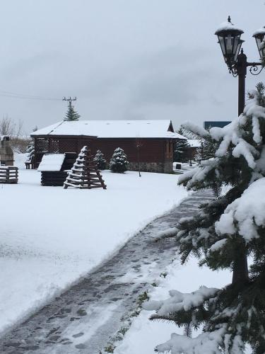 a snow covered yard with a building and a street light at Tatralandia-Liptov Chatky in Liptovský Mikuláš