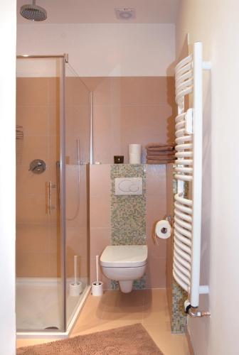 a small bathroom with a toilet and a shower at Düsselapp in Düsseldorf