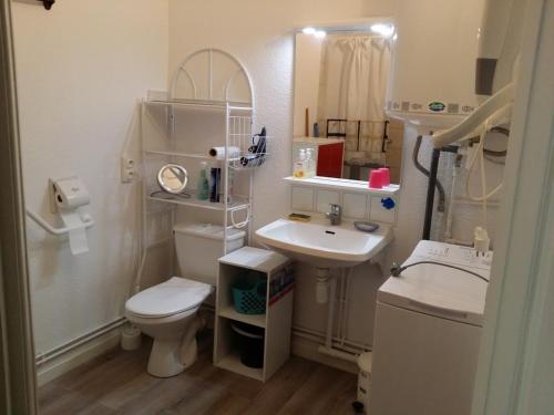 une petite salle de bain avec toilettes et lavabo dans l'établissement Apt 4 pers - 200 m de la plage - Terrasse - CONGARD, à Kervernoïs