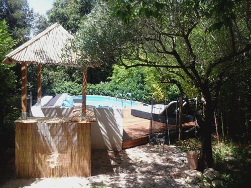 - une piscine avec un pavillon à côté d'un arbre dans l'établissement Le gîte des garrigues, à Restinclières