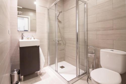 a bathroom with a shower and a toilet and a sink at Premium Historic Center & Parking in Málaga