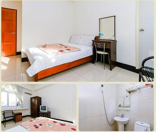 台東市的住宿－小古民宿  ，卧室两张照片,配有一张床和一张书桌