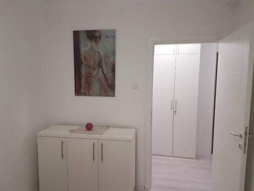 a room with white cabinets and a painting on the wall at Apartment GEA 18 in Novi Sad