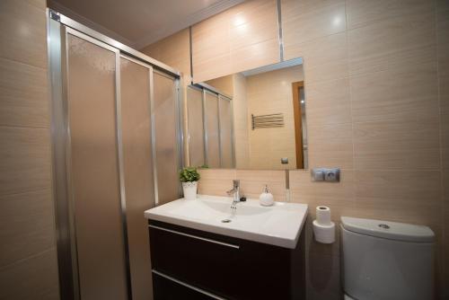 La salle de bains est pourvue d'un lavabo, de toilettes et d'un miroir. dans l'établissement Almudena, à Teruel