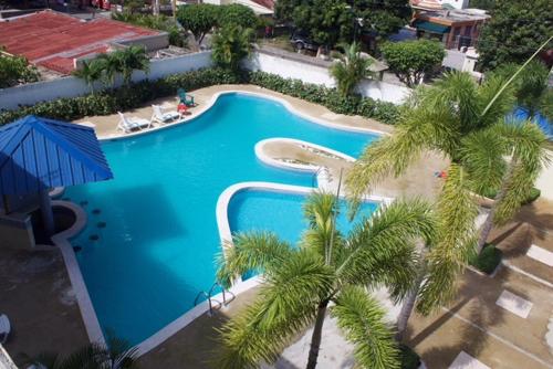 an overhead view of a blue swimming pool with palm trees at Gran Hotel Marien in Sabaneta