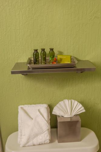 a shelf above a toilet with three green vases on it at Hotel Fusion, a C-Two Hotel in San Francisco