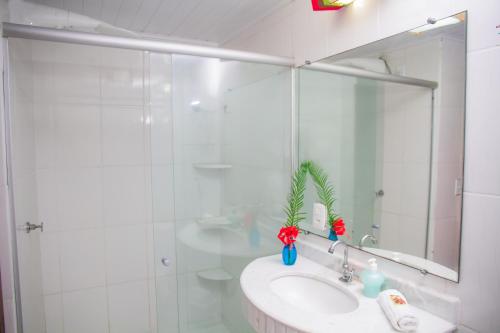 a bathroom with a sink and a shower with a mirror at Alto do Aeroporto Hotel in Porto Seguro