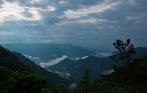 a view of a mountain valley with clouds in the sky at After the Rains - Rainforest Lodge in Meppādi