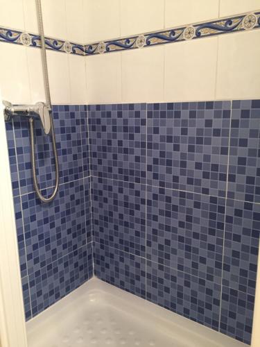 uma casa de banho com um chuveiro com azulejos azuis em Casas de Sevilla - Estudio Peral 55 em Sevilha