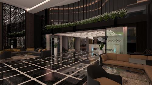 a rendering of a lobby with couches and plants at New Gate Hotel in Ankara
