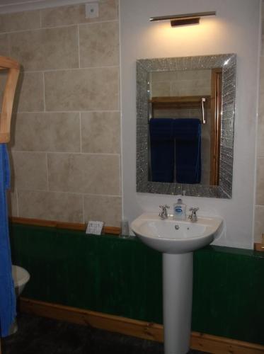 a bathroom with a sink and a mirror at The Steading Highland Glen Lodge in Drumnadrochit